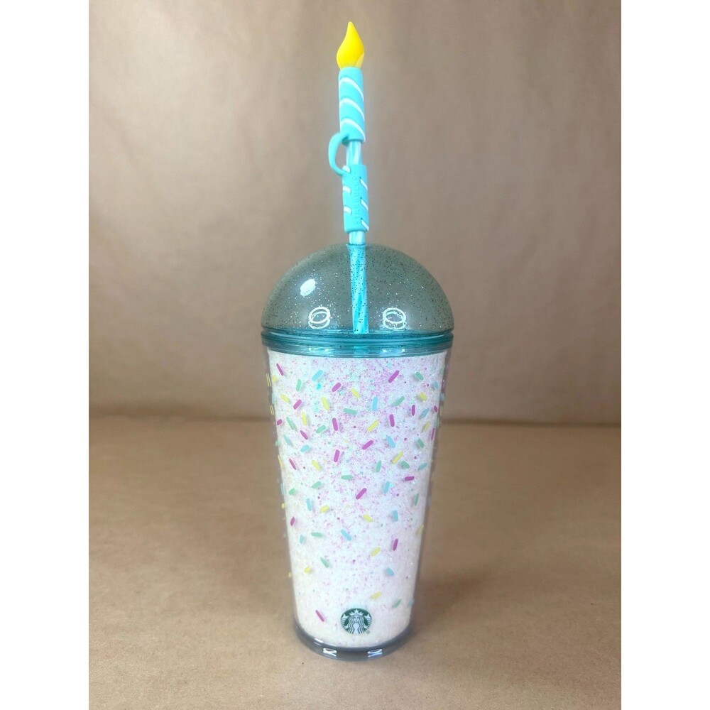 Starbucks 2025 Limited Edition Birthday Cake Glitter Dome Tumbler Candle Straw